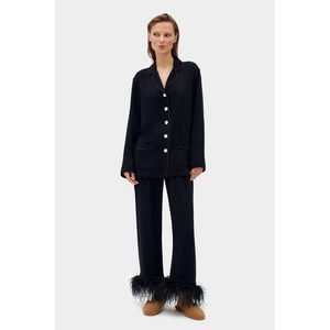 Sleepers "Black Tie" Party PJ Button Down Shirt and Pant Set With Feathers Small